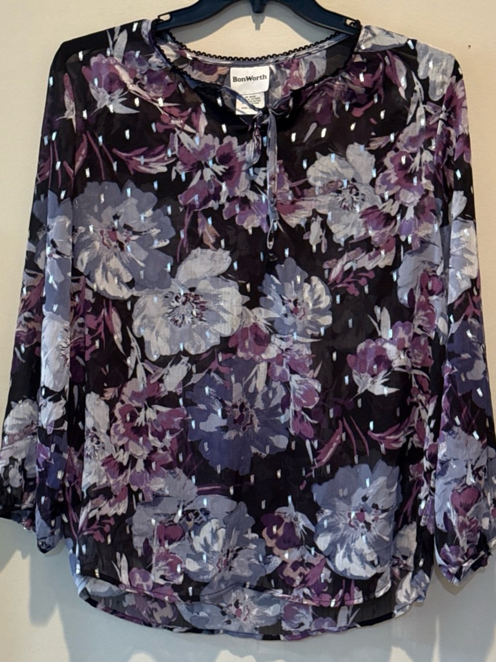 BonWorth Black Floral Keyhole Blouse with Purple Accents